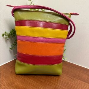 Ladies Leather Cross Body Shoulder Bag by Ili New York Colourful Stripes EUC